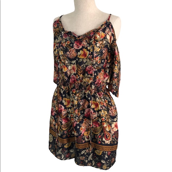 EUC Everly Cold shoulder Silk Fall Floral Foliage Romper - Picture 1 of 10